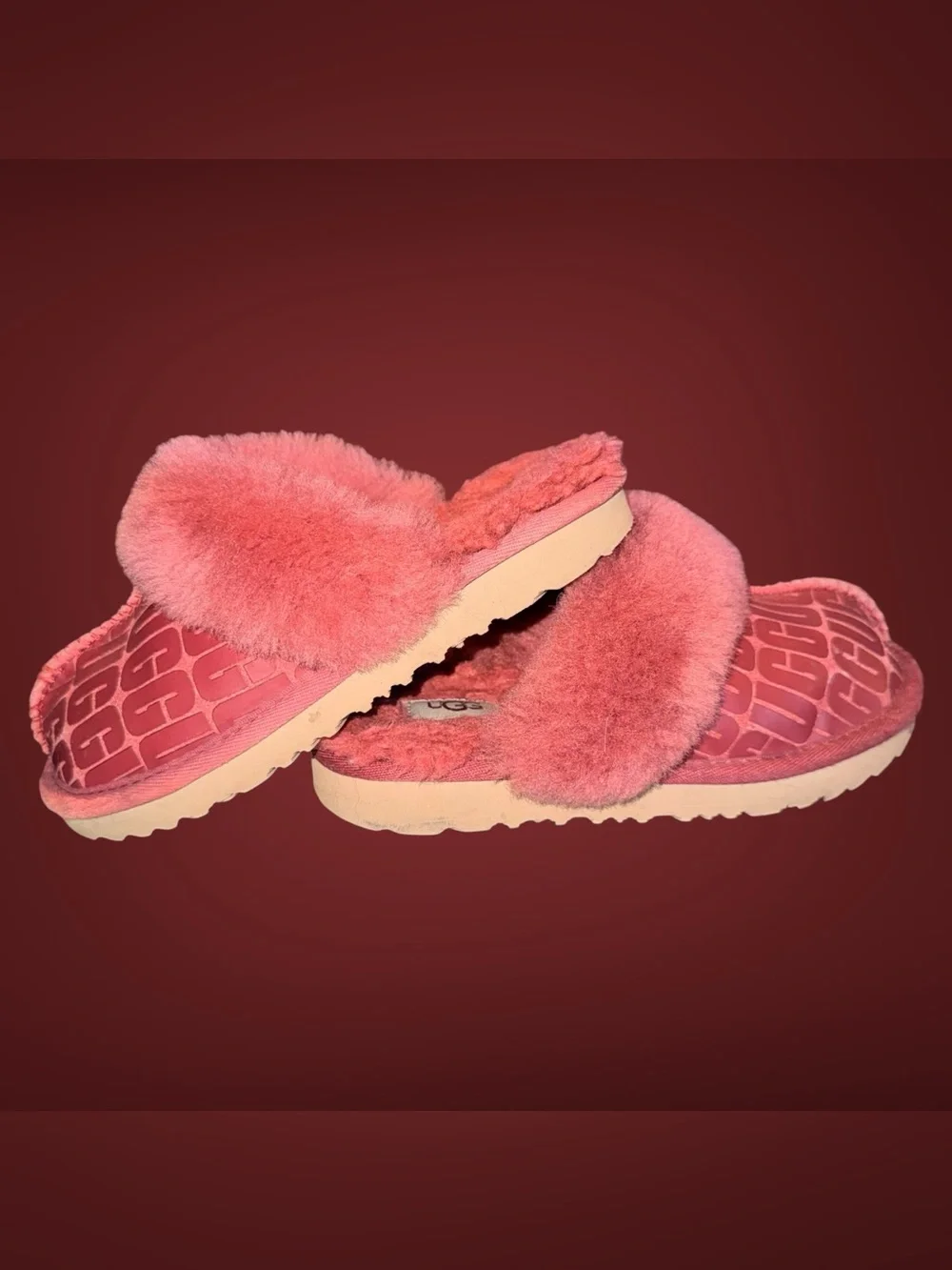 UGG Kids Disquette Logo Shadow Coral / Pink Shearling Slipper Clogs Size 12C